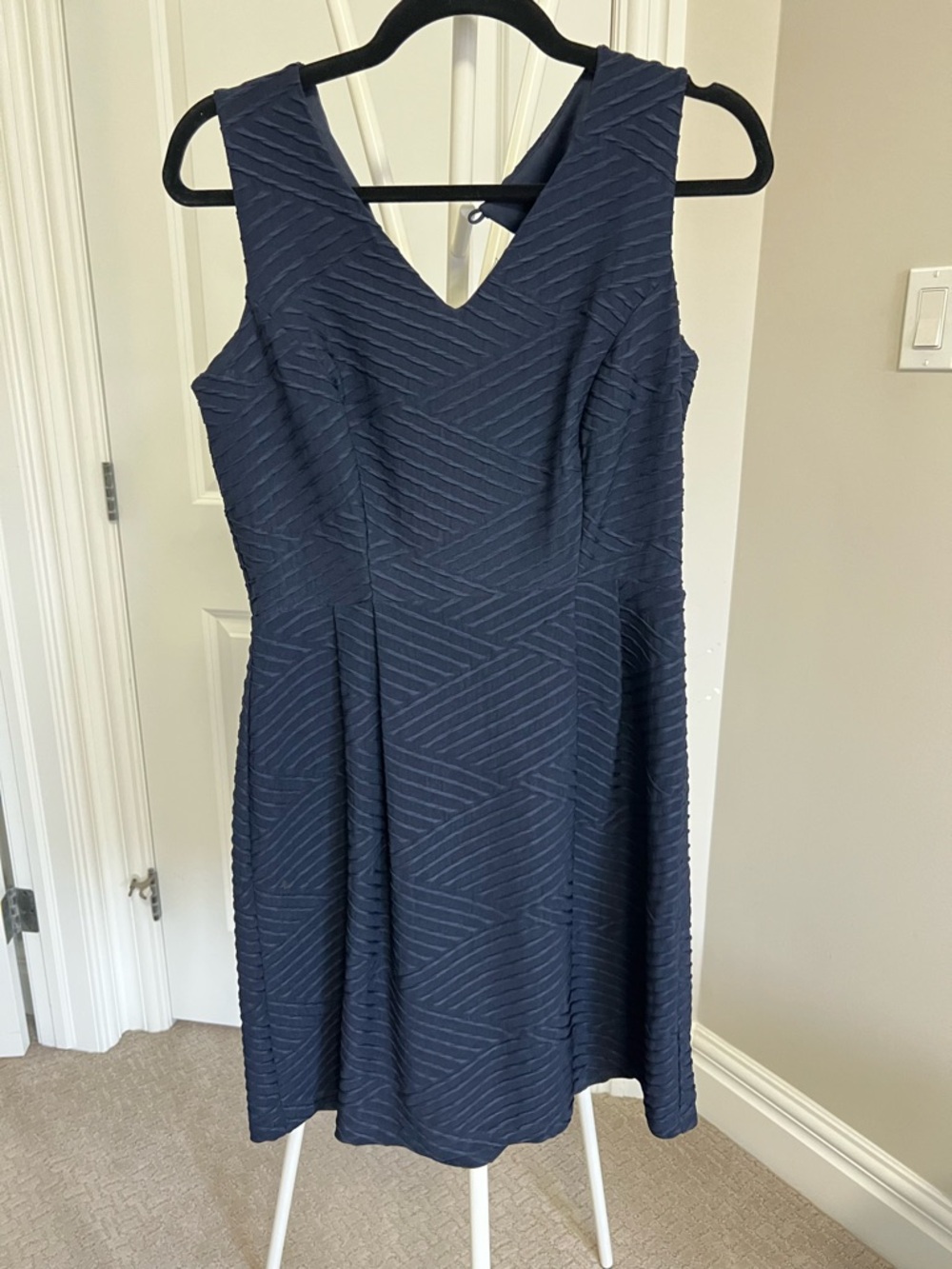Navy Textured V-Neck Sleeveless Fit & Flare Mini Dress